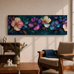 Panoramic teal floral wall art featuring large decorative botanical flowers in purple pink and ivory tones on a deep teal background creating an elegant modern floral composition.