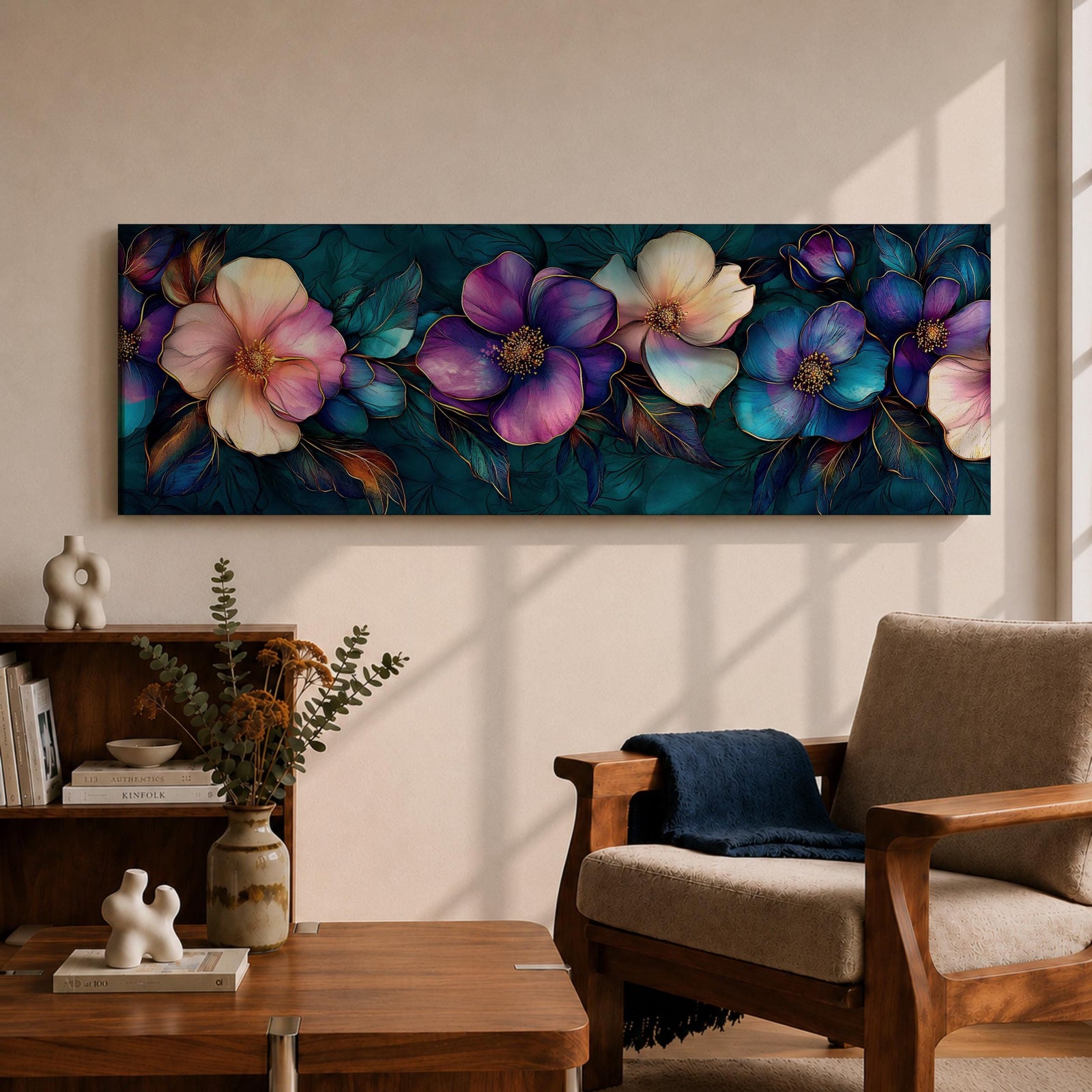 Panoramic teal floral wall art featuring large decorative botanical flowers in purple pink and ivory tones on a deep teal background creating an elegant modern floral composition.