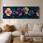 Panoramic teal floral wall art featuring large decorative botanical flowers in purple pink and ivory tones on a deep teal background creating an elegant modern floral composition.