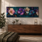 Panoramic teal floral wall art featuring large decorative botanical flowers in purple pink and ivory tones on a deep teal background creating an elegant modern floral composition.