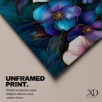 Panoramic teal floral wall art featuring large decorative botanical flowers in purple pink and ivory tones on a deep teal background creating an elegant modern floral composition.