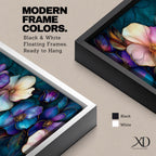 Panoramic teal floral wall art featuring large decorative botanical flowers in purple pink and ivory tones on a deep teal background creating an elegant modern floral composition.
