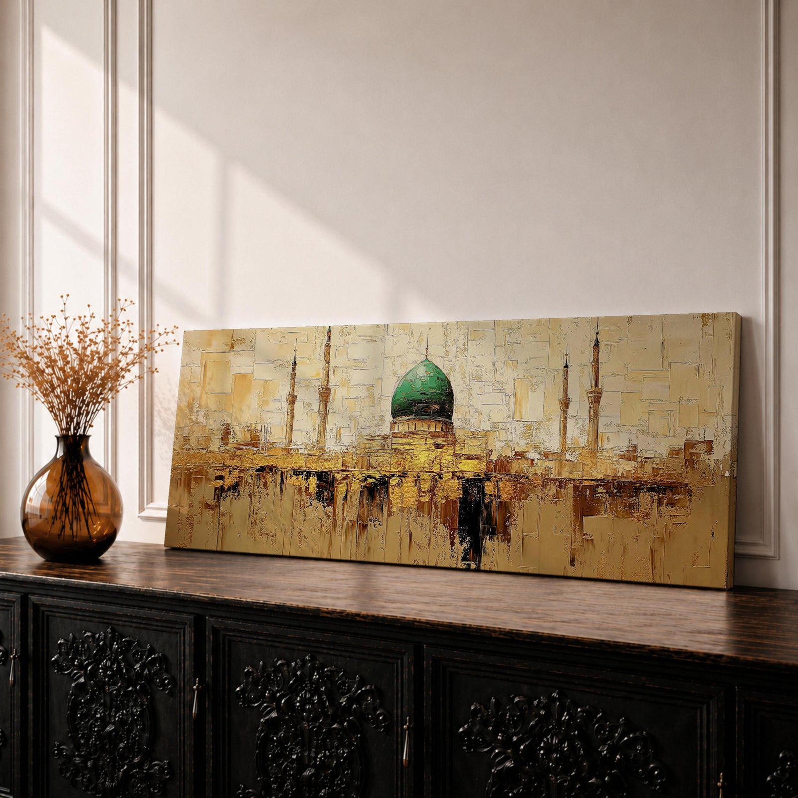 Panoramic Islamic wall art featuring Masjid Al Nabawi in Medina with the iconic green dome and mosque minarets rendered in a warm textured abstract cityscape style.
