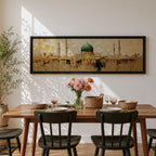 Panoramic Islamic wall art featuring Masjid Al Nabawi in Medina with the iconic green dome and mosque minarets rendered in a warm textured abstract cityscape style.
