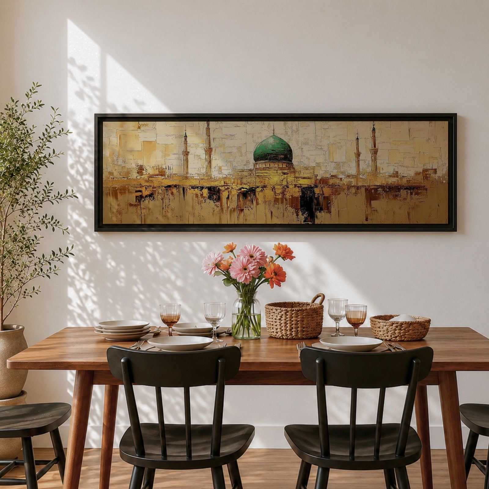 Panoramic Islamic wall art featuring Masjid Al Nabawi in Medina with the iconic green dome and mosque minarets rendered in a warm textured abstract cityscape style.