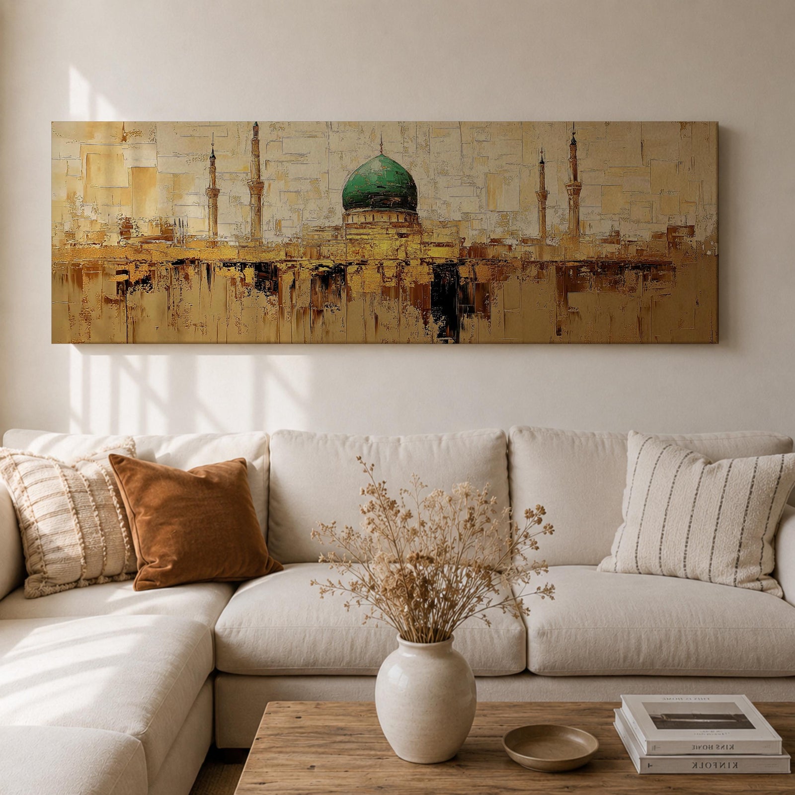 Panoramic Islamic wall art featuring Masjid Al Nabawi in Medina with the iconic green dome and mosque minarets rendered in a warm textured abstract cityscape style.