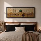 Panoramic Islamic wall art featuring Masjid Al Nabawi in Medina with the iconic green dome and mosque minarets rendered in a warm textured abstract cityscape style.