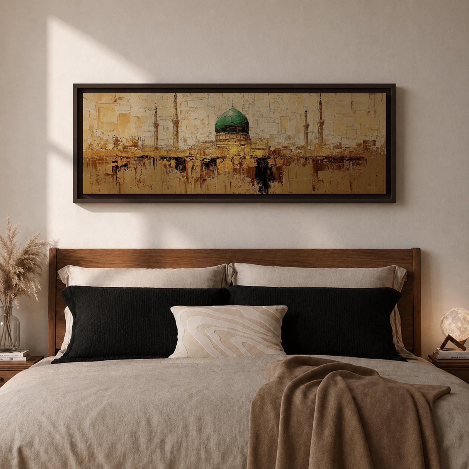 Panoramic Islamic wall art featuring Masjid Al Nabawi in Medina with the iconic green dome and mosque minarets rendered in a warm textured abstract cityscape style.