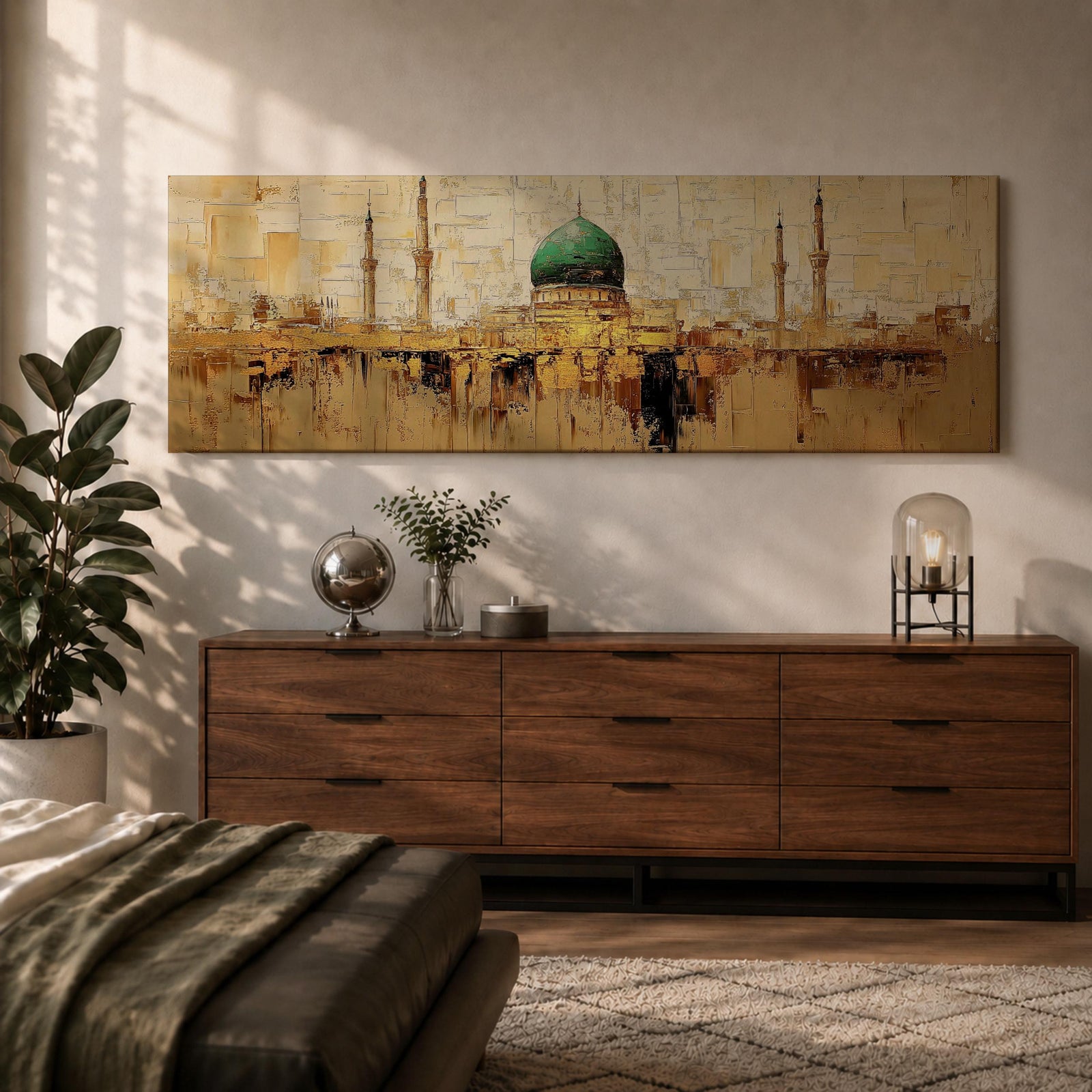 Panoramic Islamic wall art featuring Masjid Al Nabawi in Medina with the iconic green dome and mosque minarets rendered in a warm textured abstract cityscape style.