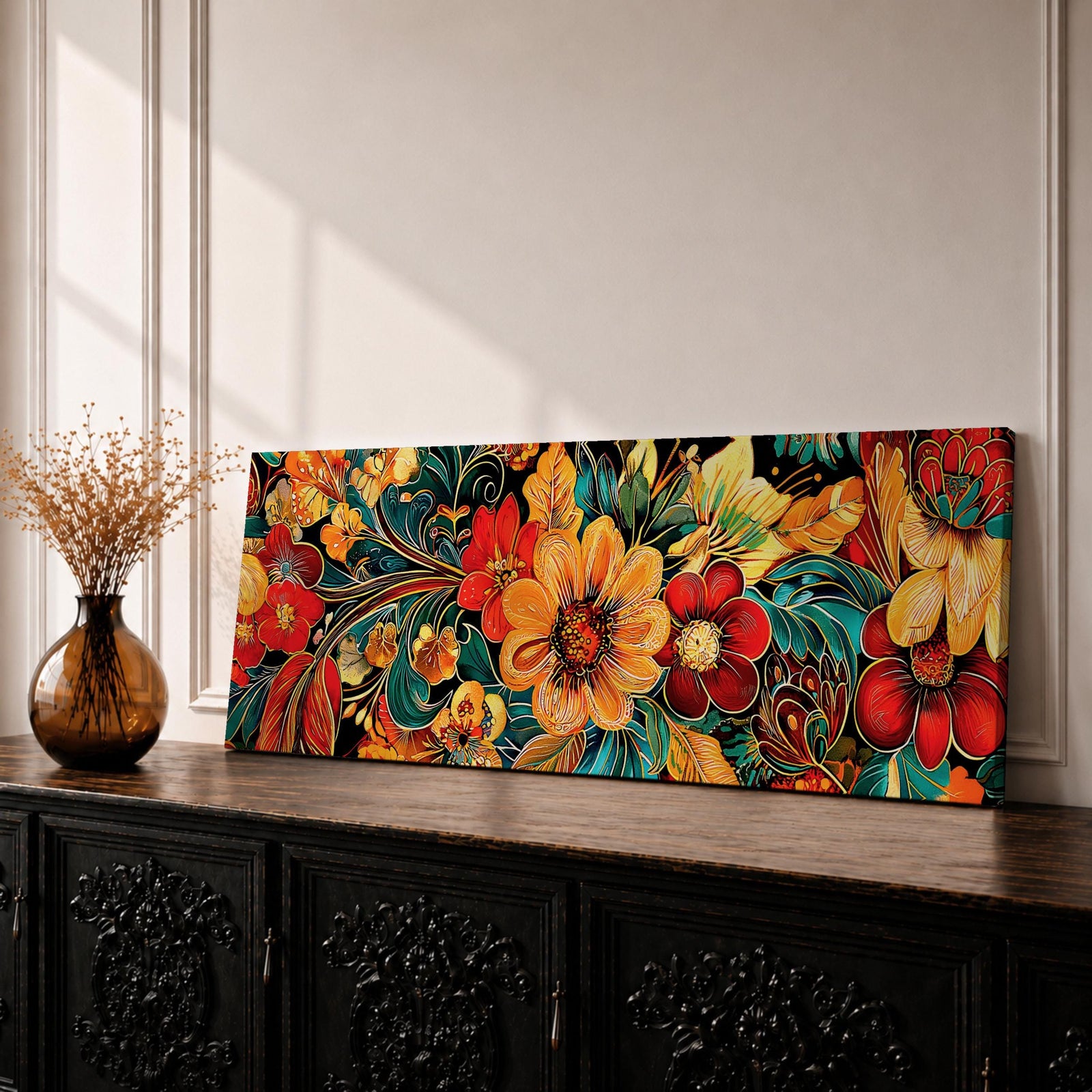 Panoramic floral botanical artwork featuring large vintage style flowers in red orange and gold tones with decorative leaves and swirling foliage across a dark teal background creating a vibrant ornamental botanical pattern.