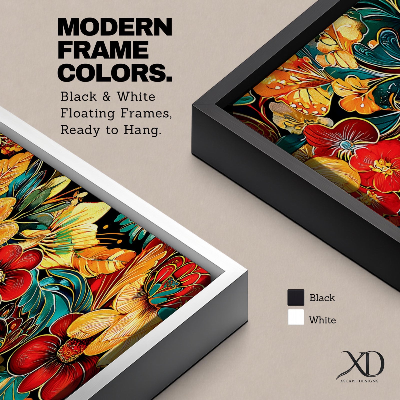 Panoramic floral botanical artwork featuring large vintage style flowers in red orange and gold tones with decorative leaves and swirling foliage across a dark teal background creating a vibrant ornamental botanical pattern.