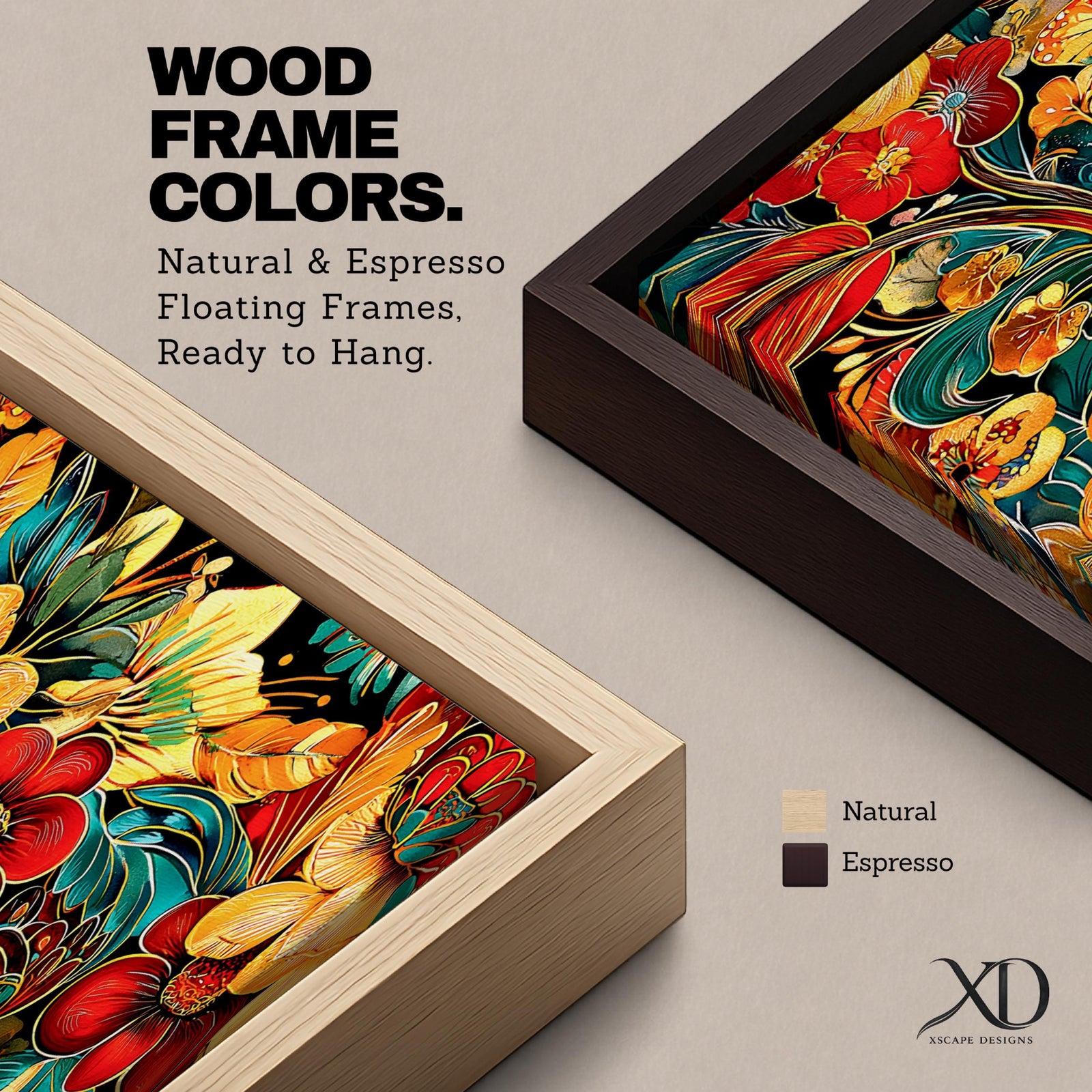 Panoramic floral botanical artwork featuring large vintage style flowers in red orange and gold tones with decorative leaves and swirling foliage across a dark teal background creating a vibrant ornamental botanical pattern.