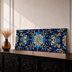 Panoramic Moroccan tile pattern artwork featuring intricate Islamic geometric ornament and Moorish floral motifs in deep blue and gold tones arranged in a symmetrical decorative design.