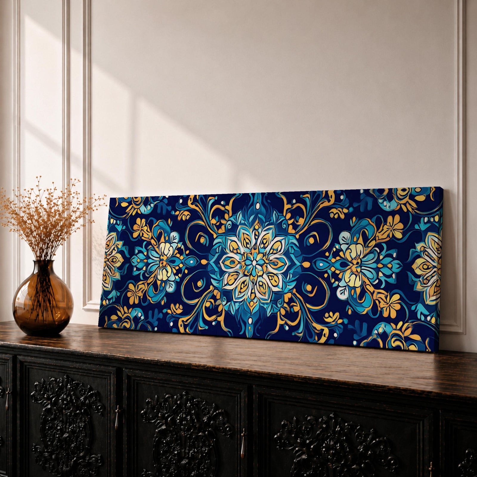 Panoramic Moroccan tile pattern artwork featuring intricate Islamic geometric ornament and Moorish floral motifs in deep blue and gold tones arranged in a symmetrical decorative design.