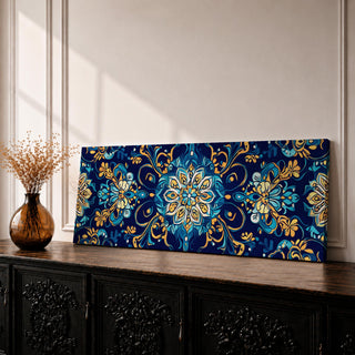 Panoramic Moroccan tile pattern artwork featuring intricate Islamic geometric ornament and Moorish floral motifs in deep blue and gold tones arranged in a symmetrical decorative design.