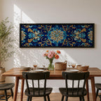 Panoramic Moroccan tile pattern artwork featuring intricate Islamic geometric ornament and Moorish floral motifs in deep blue and gold tones arranged in a symmetrical decorative design.