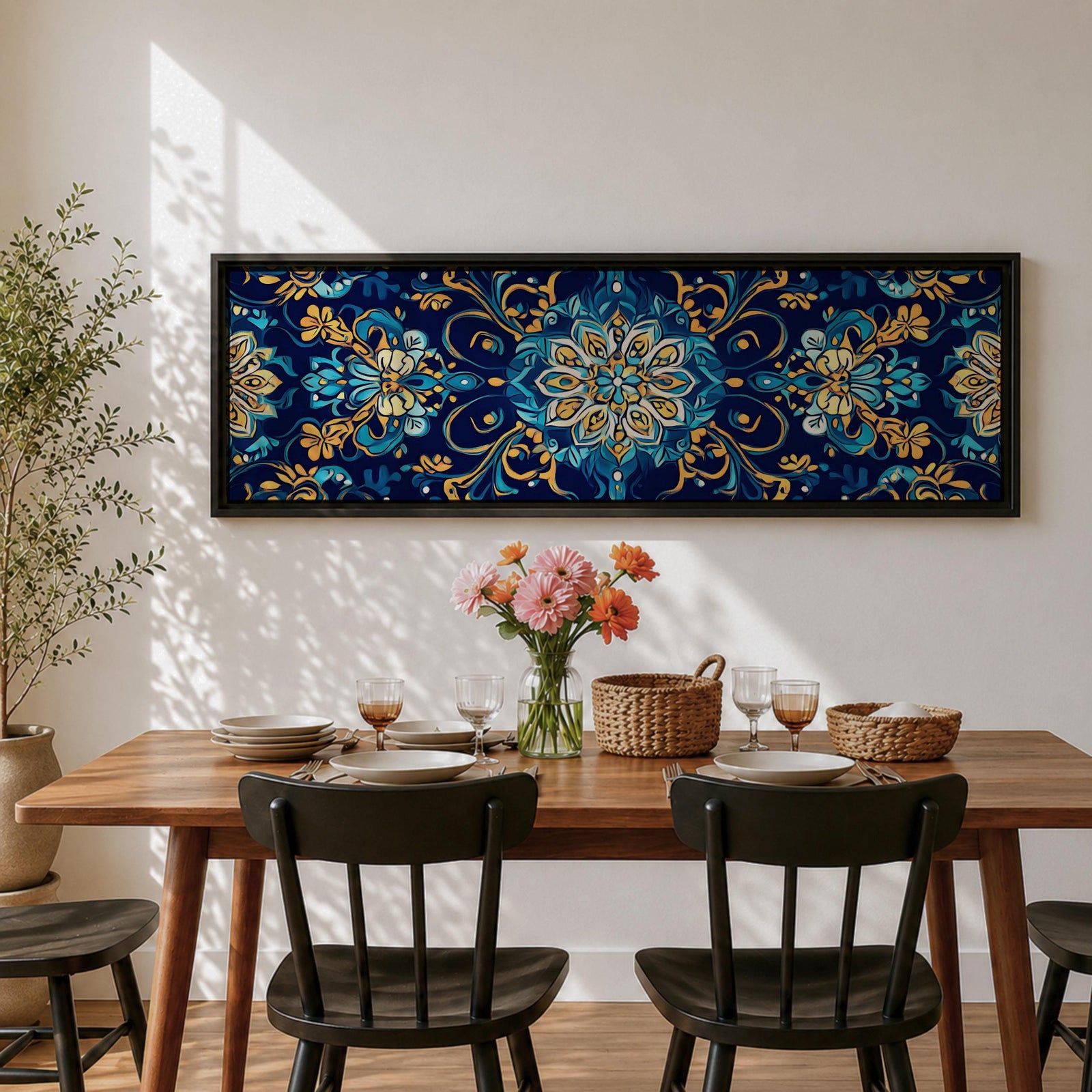 Panoramic Moroccan tile pattern artwork featuring intricate Islamic geometric ornament and Moorish floral motifs in deep blue and gold tones arranged in a symmetrical decorative design.