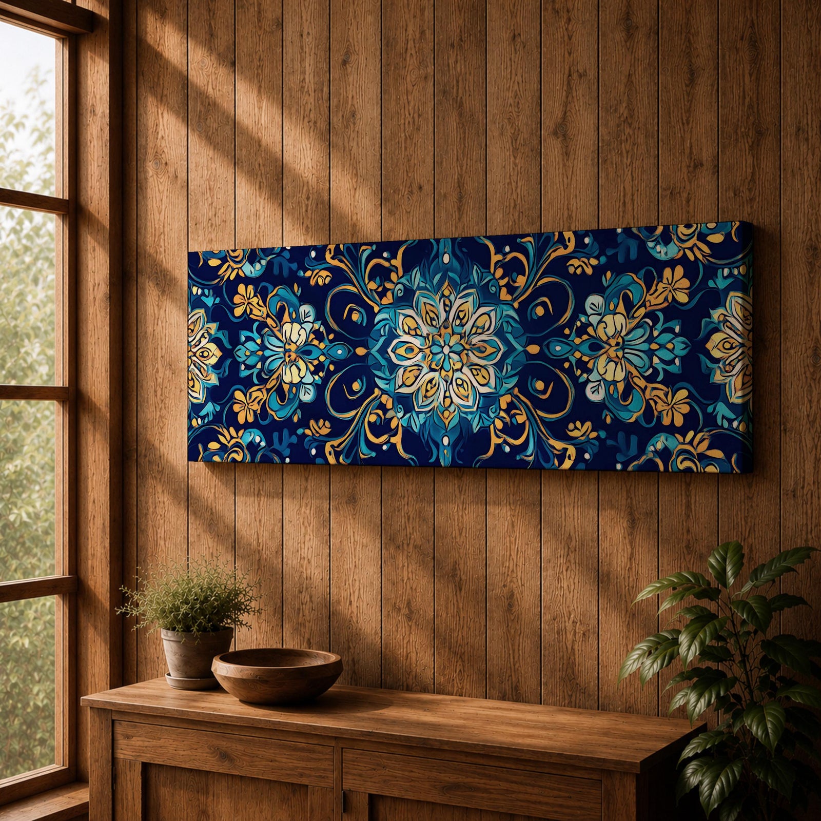 Panoramic Moroccan tile pattern artwork featuring intricate Islamic geometric ornament and Moorish floral motifs in deep blue and gold tones arranged in a symmetrical decorative design.