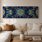 Panoramic Moroccan tile pattern artwork featuring intricate Islamic geometric ornament and Moorish floral motifs in deep blue and gold tones arranged in a symmetrical decorative design.