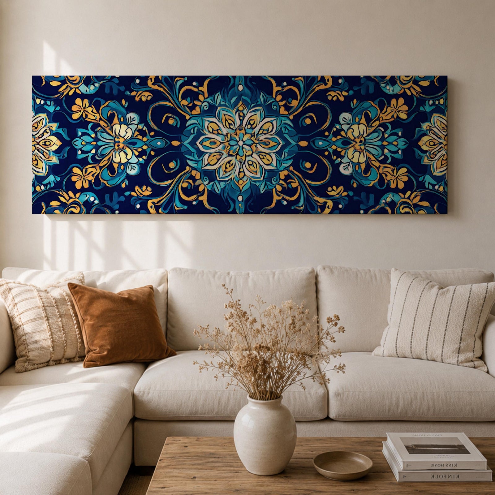 Panoramic Moroccan tile pattern artwork featuring intricate Islamic geometric ornament and Moorish floral motifs in deep blue and gold tones arranged in a symmetrical decorative design.
