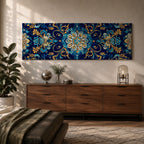 Panoramic Moroccan tile pattern artwork featuring intricate Islamic geometric ornament and Moorish floral motifs in deep blue and gold tones arranged in a symmetrical decorative design.