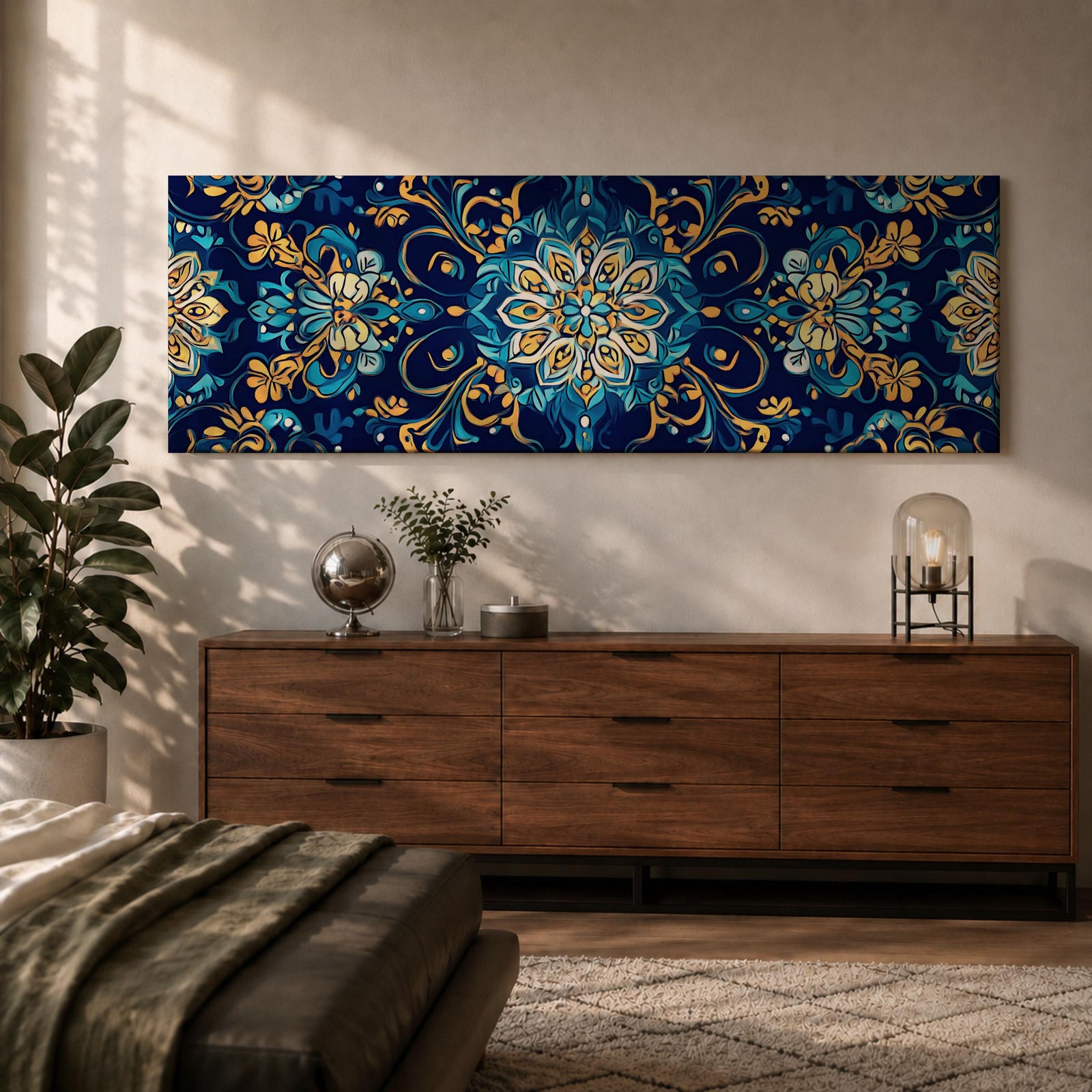 Panoramic Moroccan tile pattern artwork featuring intricate Islamic geometric ornament and Moorish floral motifs in deep blue and gold tones arranged in a symmetrical decorative design.