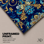 Panoramic Moroccan tile pattern artwork featuring intricate Islamic geometric ornament and Moorish floral motifs in deep blue and gold tones arranged in a symmetrical decorative design.
