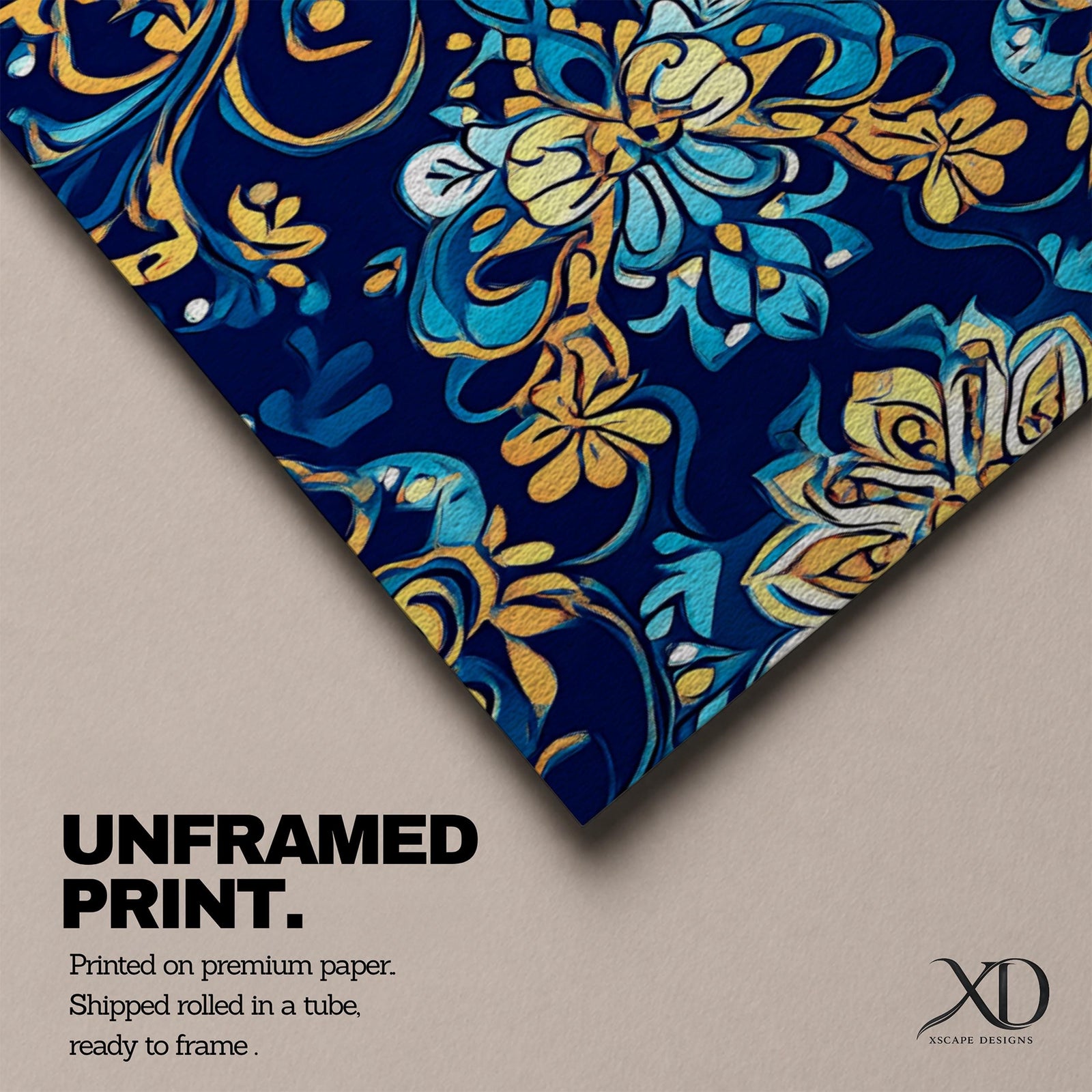 Panoramic Moroccan tile pattern artwork featuring intricate Islamic geometric ornament and Moorish floral motifs in deep blue and gold tones arranged in a symmetrical decorative design.