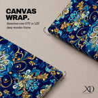 Panoramic Moroccan tile pattern artwork featuring intricate Islamic geometric ornament and Moorish floral motifs in deep blue and gold tones arranged in a symmetrical decorative design.