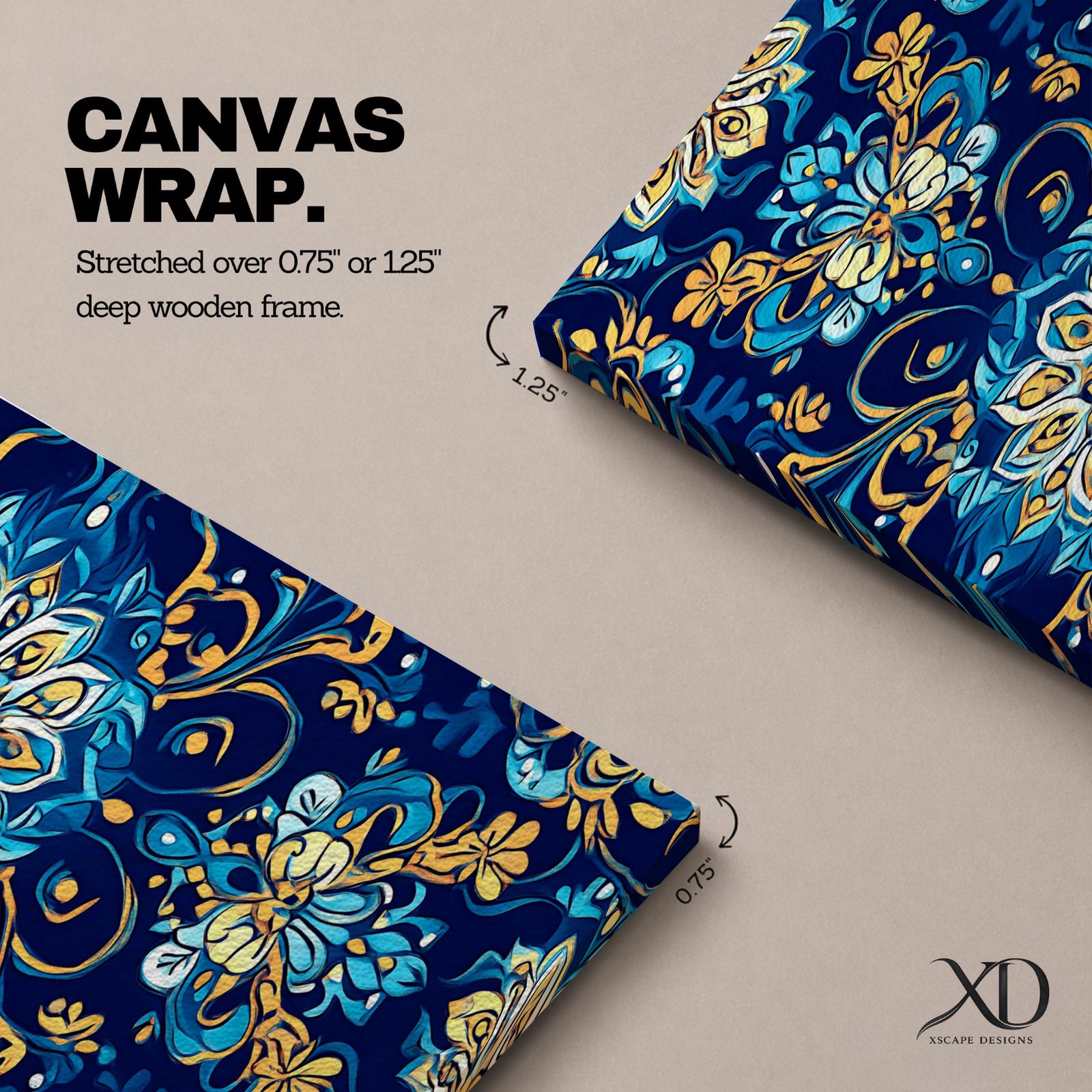 Panoramic Moroccan tile pattern artwork featuring intricate Islamic geometric ornament and Moorish floral motifs in deep blue and gold tones arranged in a symmetrical decorative design.