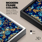 Panoramic Moroccan tile pattern artwork featuring intricate Islamic geometric ornament and Moorish floral motifs in deep blue and gold tones arranged in a symmetrical decorative design.