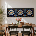 Panoramic Moroccan tile wall art featuring repeating Moorish floral patterns in blue white and gold tones arranged in a decorative Mediterranean ceramic tile design.