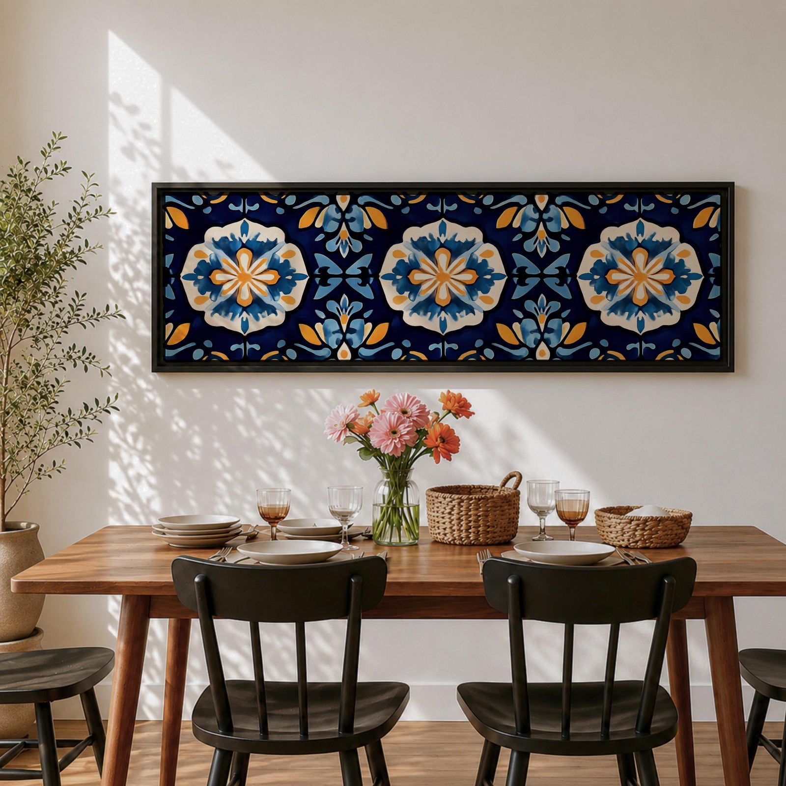 Panoramic Moroccan tile wall art featuring repeating Moorish floral patterns in blue white and gold tones arranged in a decorative Mediterranean ceramic tile design.