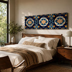 Panoramic Moroccan tile wall art featuring repeating Moorish floral patterns in blue white and gold tones arranged in a decorative Mediterranean ceramic tile design.