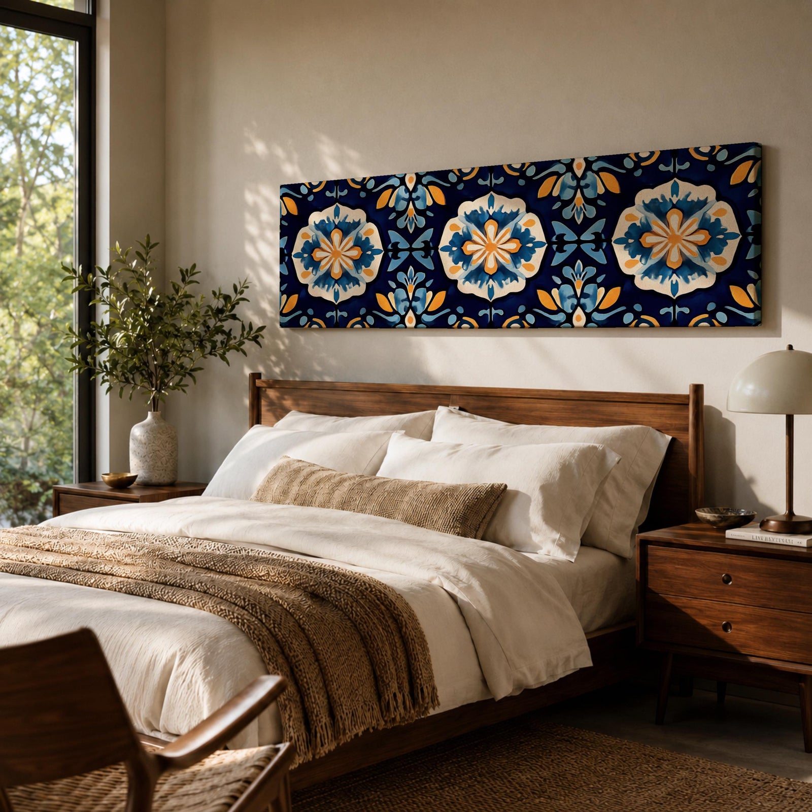 Panoramic Moroccan tile wall art featuring repeating Moorish floral patterns in blue white and gold tones arranged in a decorative Mediterranean ceramic tile design.