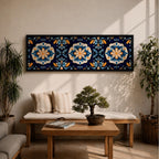 Panoramic Moroccan tile wall art featuring repeating Moorish floral patterns in blue white and gold tones arranged in a decorative Mediterranean ceramic tile design.