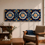 Panoramic Moroccan tile wall art featuring repeating Moorish floral patterns in blue white and gold tones arranged in a decorative Mediterranean ceramic tile design.