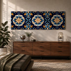 Panoramic Moroccan tile wall art featuring repeating Moorish floral patterns in blue white and gold tones arranged in a decorative Mediterranean ceramic tile design.
