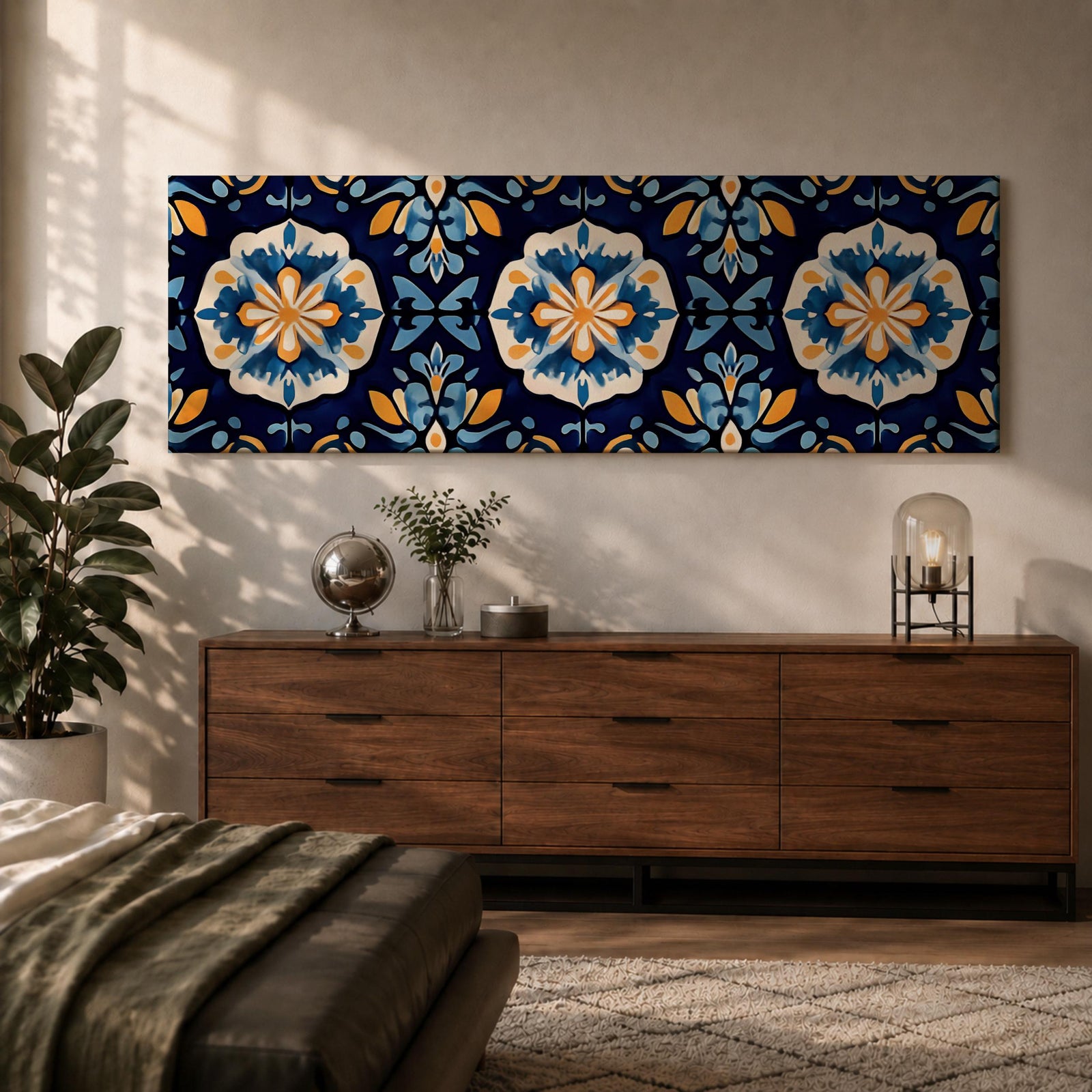 Panoramic Moroccan tile wall art featuring repeating Moorish floral patterns in blue white and gold tones arranged in a decorative Mediterranean ceramic tile design.