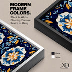 Panoramic Moroccan tile wall art featuring repeating Moorish floral patterns in blue white and gold tones arranged in a decorative Mediterranean ceramic tile design.