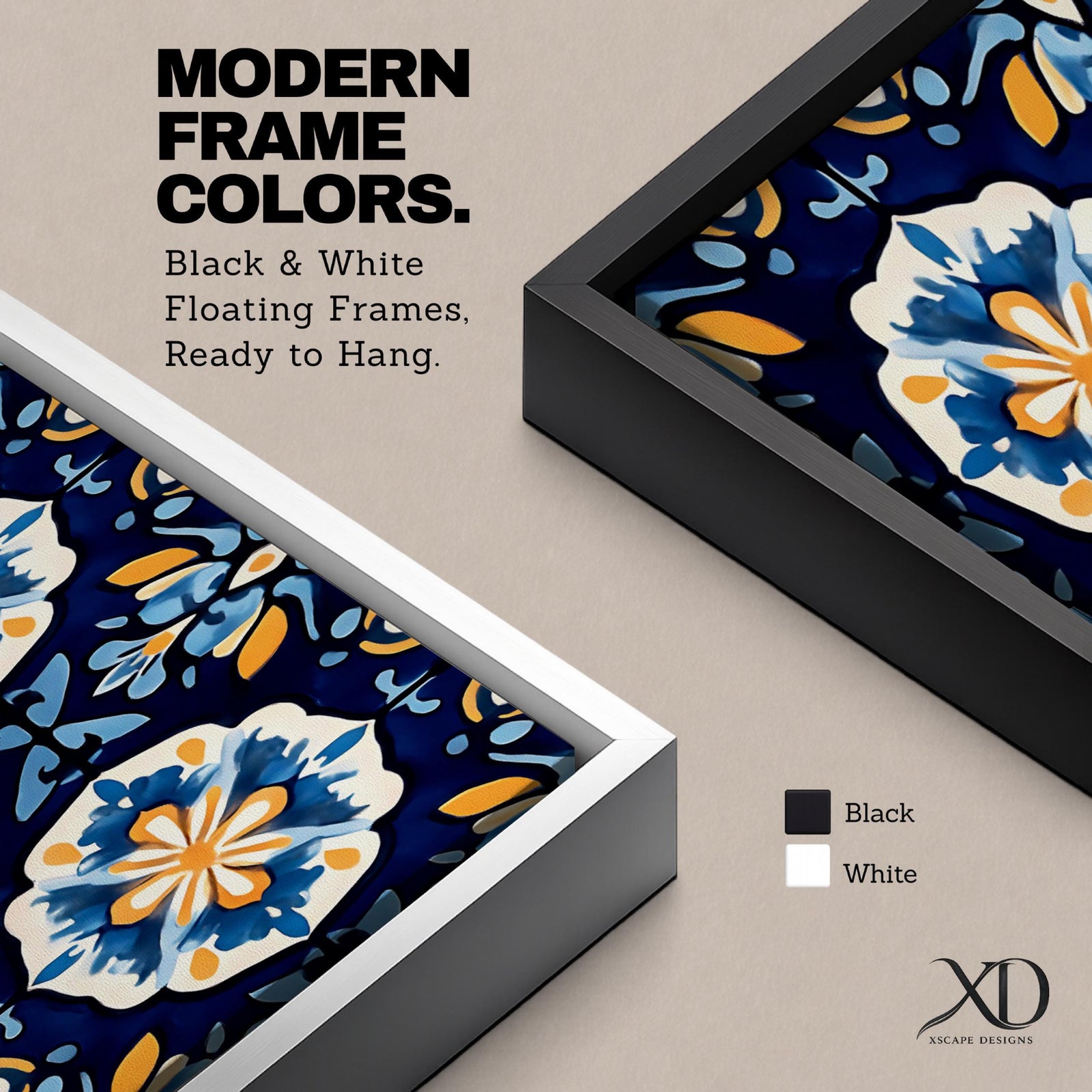 Panoramic Moroccan tile wall art featuring repeating Moorish floral patterns in blue white and gold tones arranged in a decorative Mediterranean ceramic tile design.