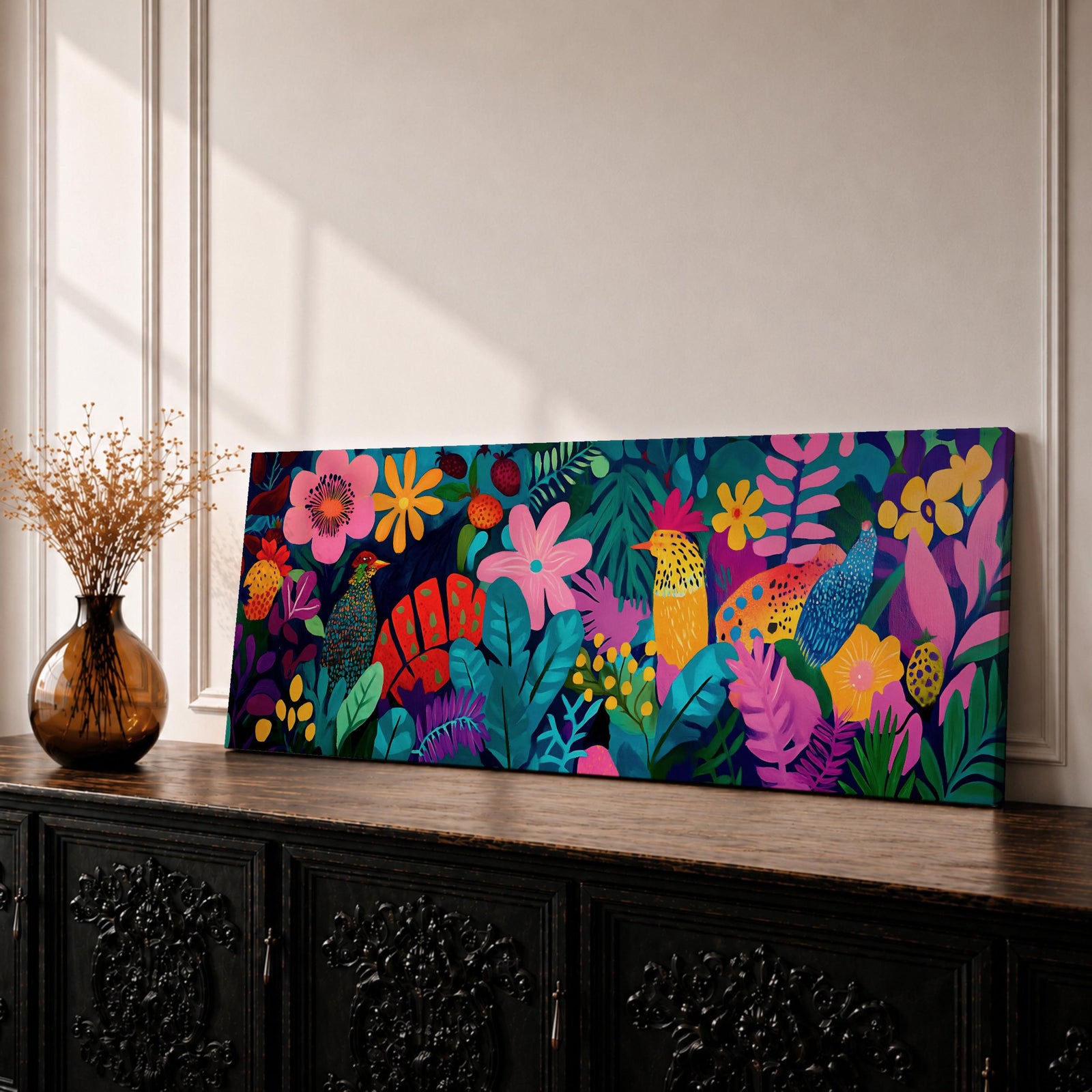 Panoramic tropical botanical illustration filled with colorful jungle plants, flowers, and birds layered across dense foliage. Large leaves, bright pink blossoms, yellow and orange flowers, and patterned tropical birds create a vibrant composition with bold shapes and rich colors across the wide canvas.