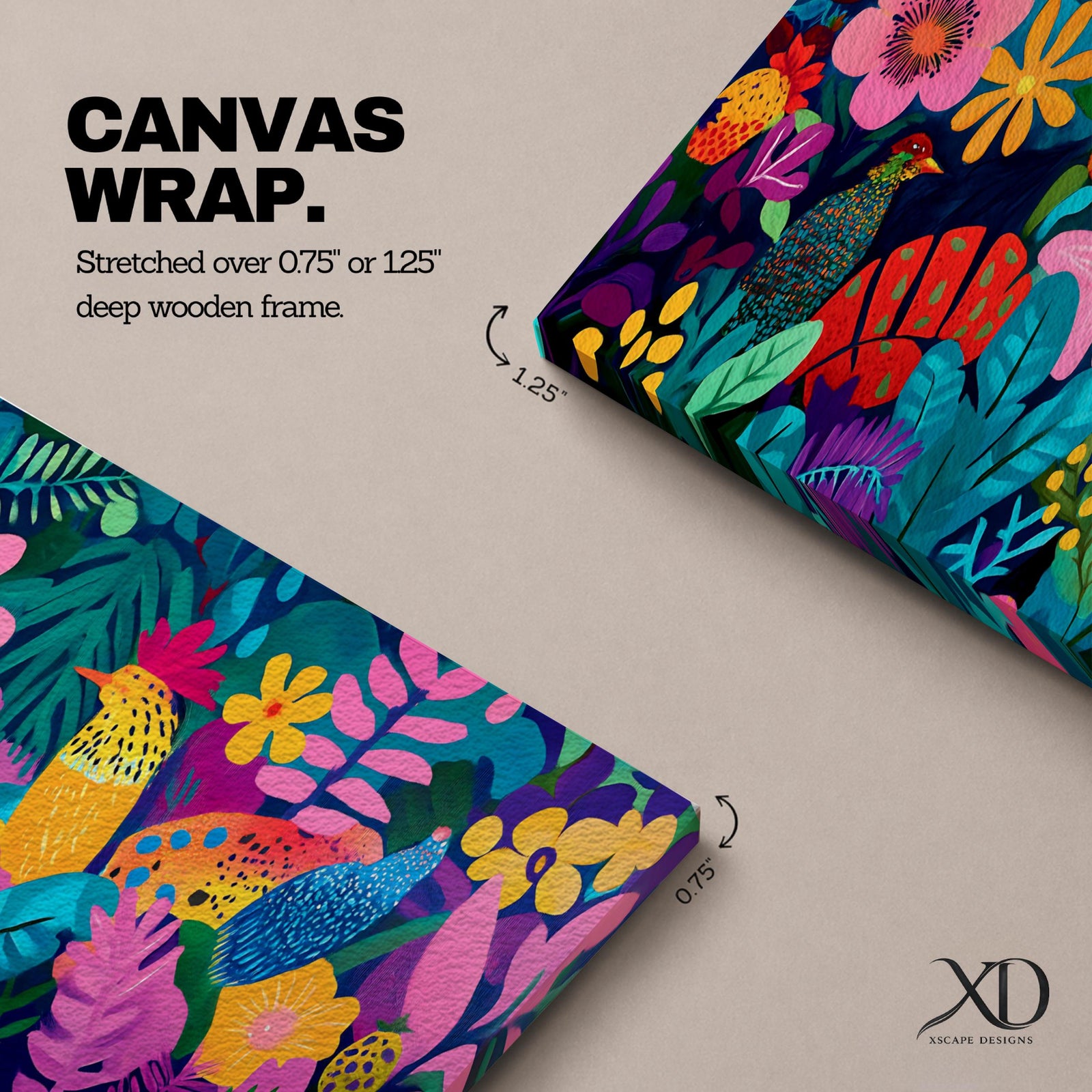 Panoramic tropical botanical illustration filled with colorful jungle plants, flowers, and birds layered across dense foliage. Large leaves, bright pink blossoms, yellow and orange flowers, and patterned tropical birds create a vibrant composition with bold shapes and rich colors across the wide canvas.