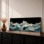 Panoramic ocean wave wall art showing dramatic teal sea waves crashing and rolling across the water against a dark background in a wide seascape composition.