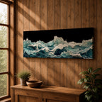 Panoramic ocean wave wall art showing dramatic teal sea waves crashing and rolling across the water against a dark background in a wide seascape composition.