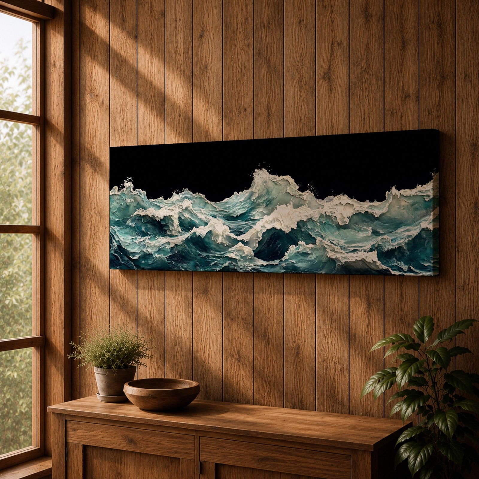 Panoramic ocean wave wall art showing dramatic teal sea waves crashing and rolling across the water against a dark background in a wide seascape composition.