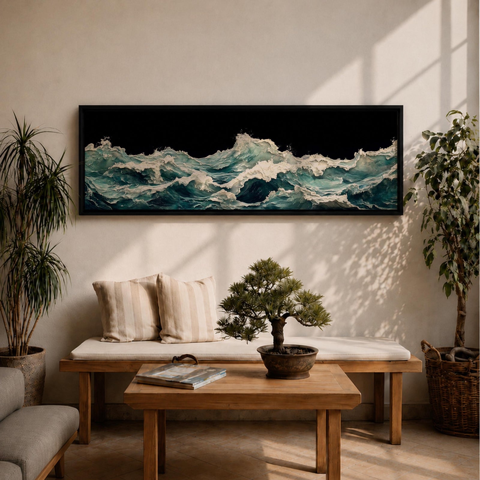 Panoramic ocean wave wall art showing dramatic teal sea waves crashing and rolling across the water against a dark background in a wide seascape composition.