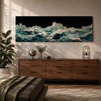 Panoramic ocean wave wall art showing dramatic teal sea waves crashing and rolling across the water against a dark background in a wide seascape composition.