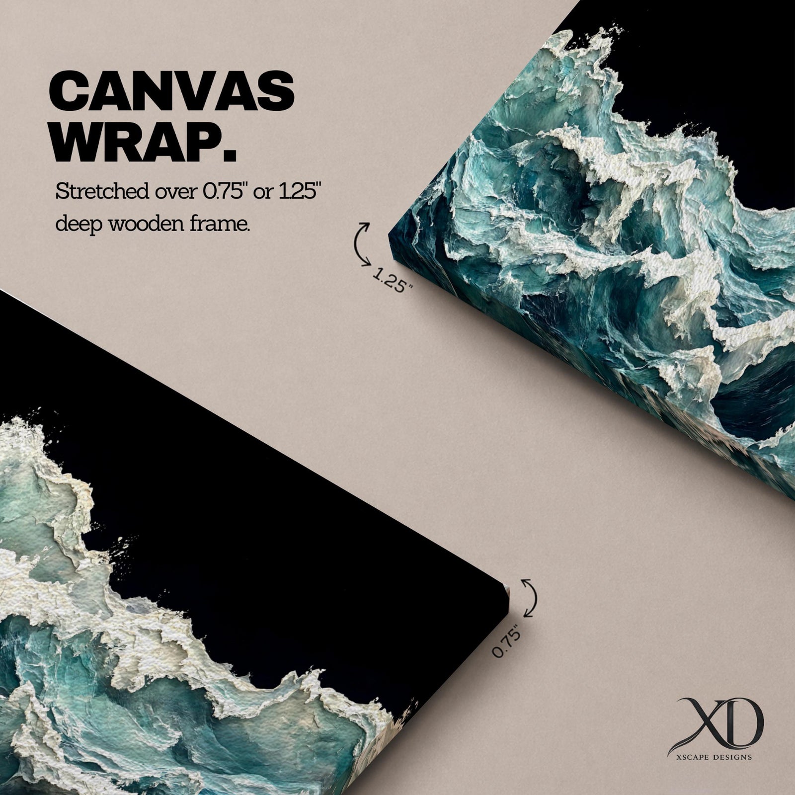 Panoramic ocean wave wall art showing dramatic teal sea waves crashing and rolling across the water against a dark background in a wide seascape composition.