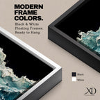 Panoramic ocean wave wall art showing dramatic teal sea waves crashing and rolling across the water against a dark background in a wide seascape composition.